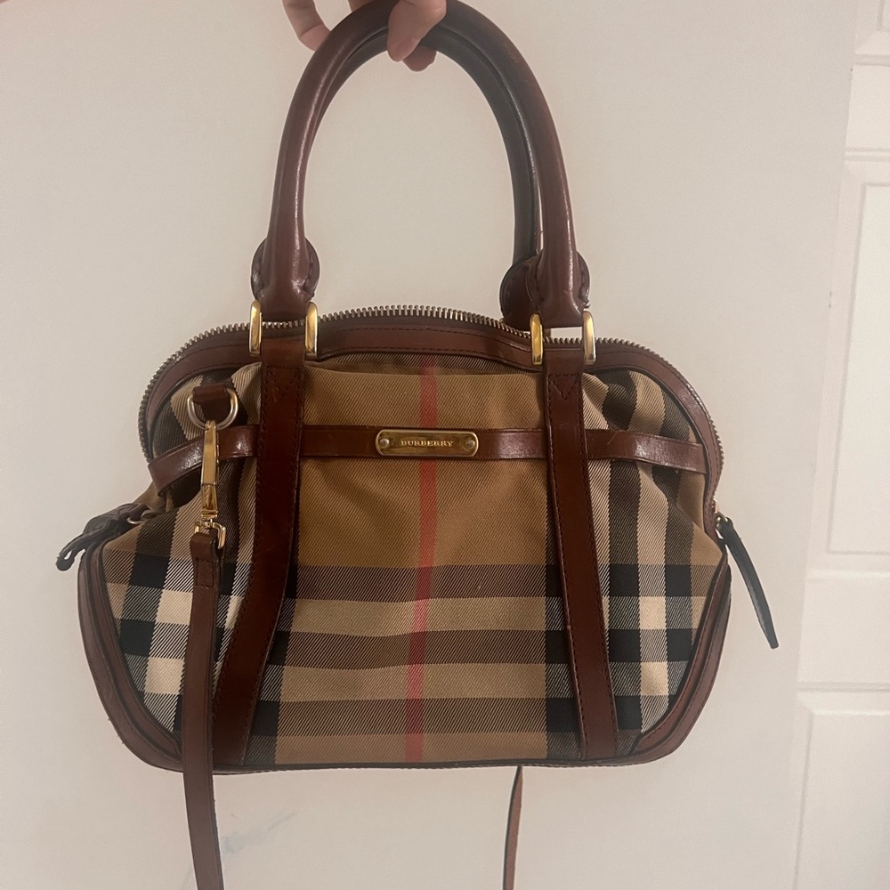 Burberry Tan and Brown Check Satchel with Red Accent